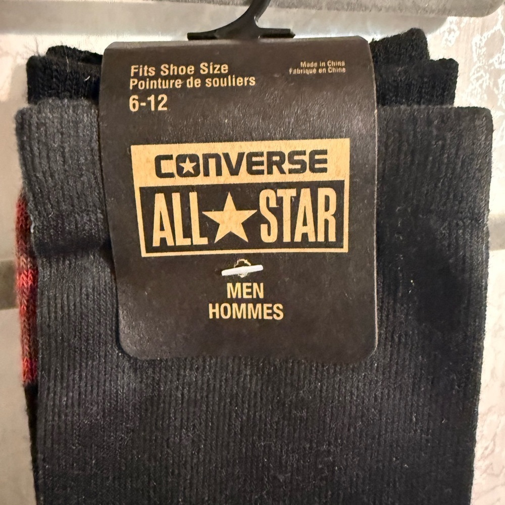 NWT Converse All Star Men's Black and Red Socks 3 Pack, Sz 6 - 12